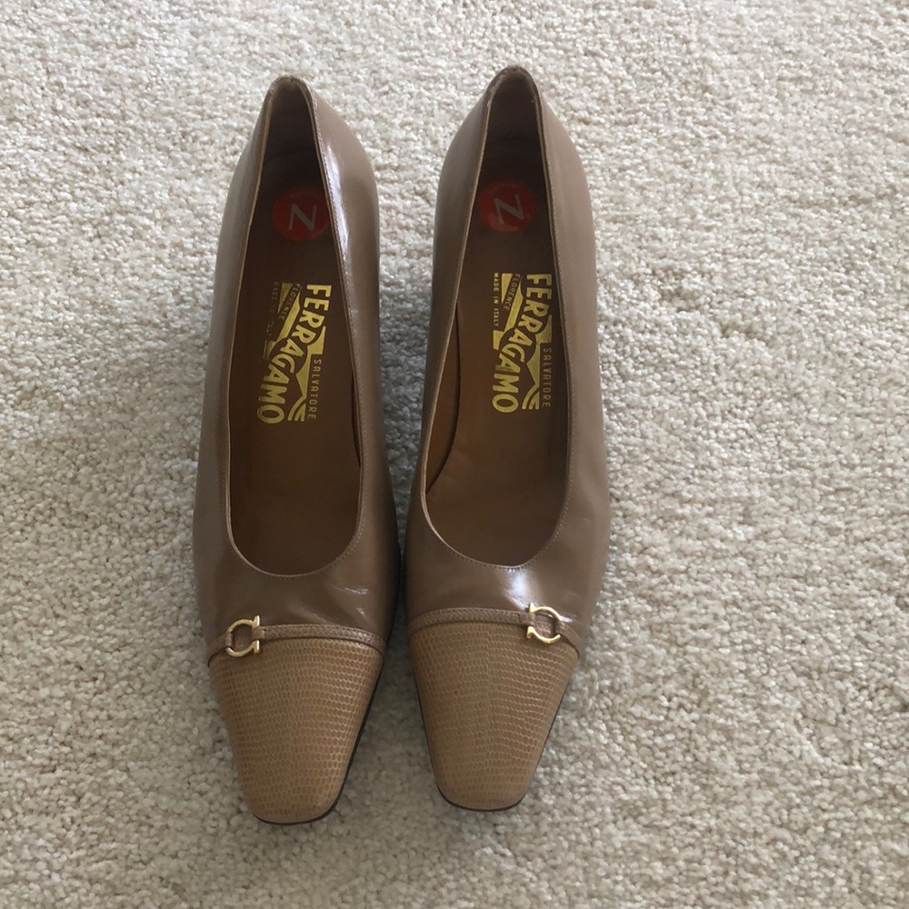 Tan colored Ferragamo pumps